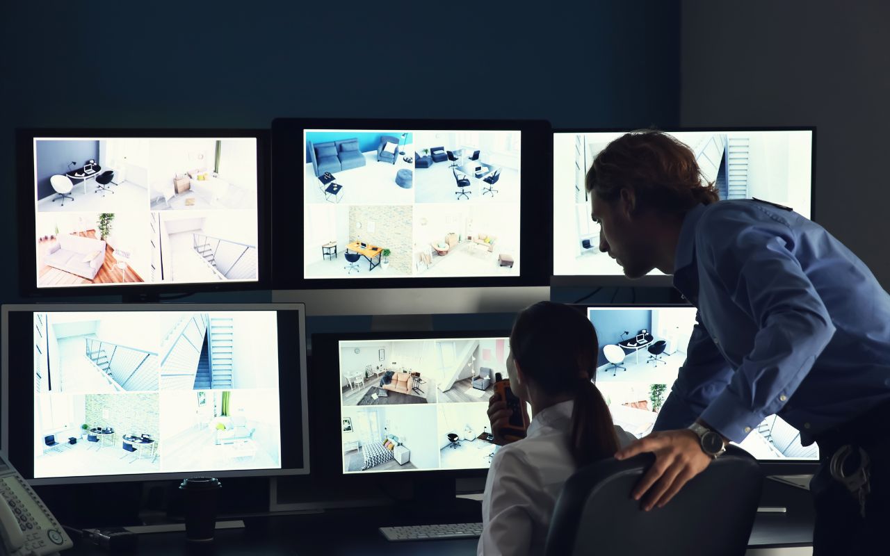 Security officers monitoring surveillance screens