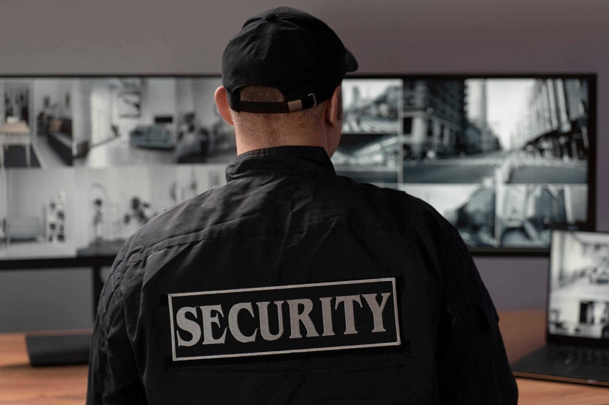 Security officer monitoring surveillance screens