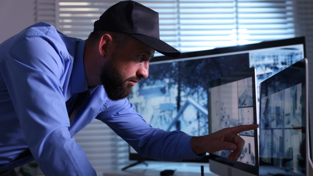 Security officer monitoring surveillance screens